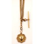 A 9ct gold Albert watch chain with fob, toggle clasps and T bar, approx length 18'',