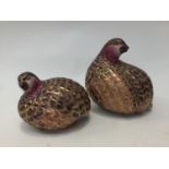 Two Chinese quail, purple ground with gold hand painted decoration to the feathers,