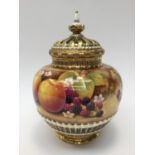 A Royal Worcester fruit painted pot pourri vase and cover, basket molded, signed J, Bowman,