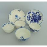 Two Worcester Blue & White Tea Bowls & Saucers,