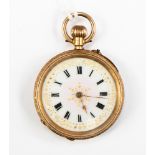 A ladies 14k gold hunter enamelled violas to reverse, Roman numerals, engraved case,