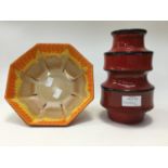 A Shelley orange and yellow hexagonal bowl with a West German vase (red on black) ref 267-20 (2)