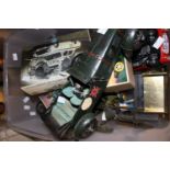 Tin plate engines and vehicles, assorted play worn vehicles, Corgi and some boxed,