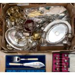 Silver plated ware, including egg cup set, cased fish servers, serving dishes and covers,