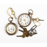 Two silver and enamelled pocket watches, etched cases,