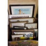 A quantity of framed wool works, prints and Stafford and Uttoxeter railway book,