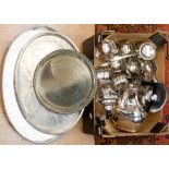 A box of EPNS including two galleried trays, part coffee set, Viners goblet,