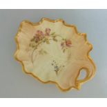 A Royal Worcester Blush Leaf Shaped Dish. With floral sprays and heavy gilt rim Circa 1893 Size 27.
