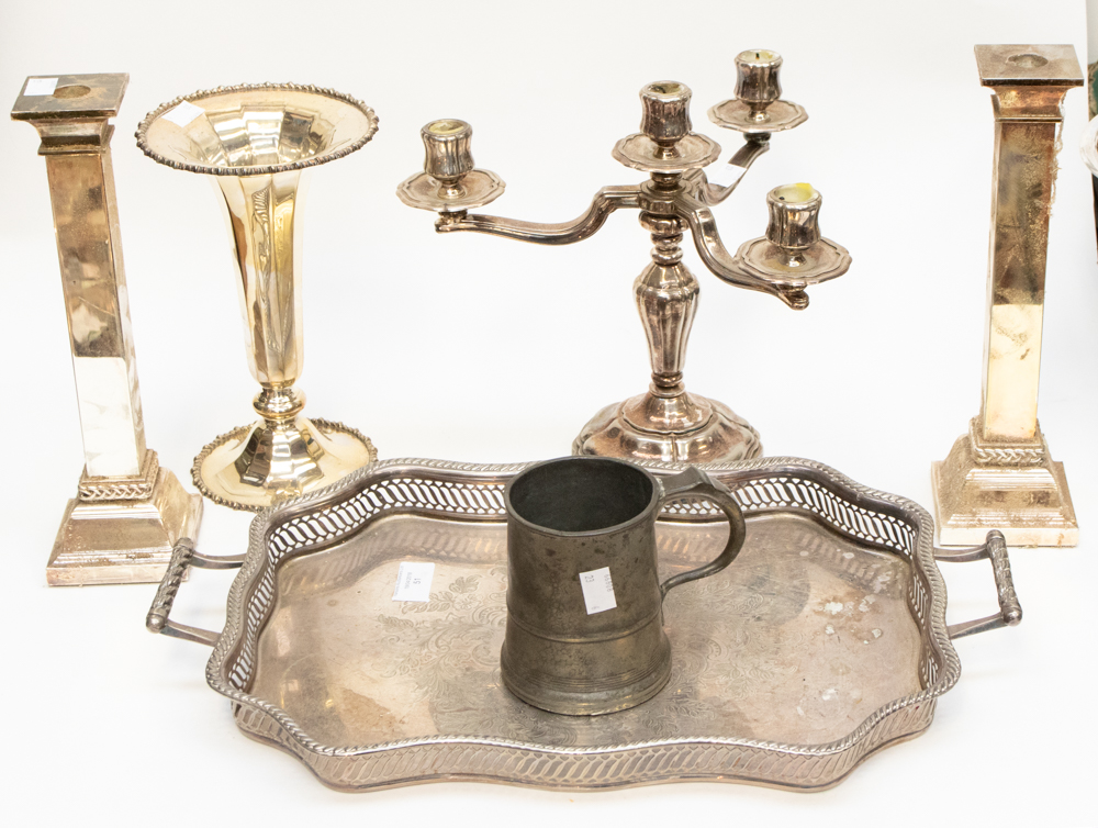 A gallery tray, a candelabra, a pair of columnar candlesticks,