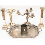 A gallery tray, a candelabra, a pair of columnar candlesticks,