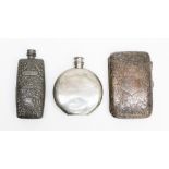 A 19th century pewter hip flask, embossed hunting scene,