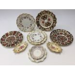 Royal Crown Derby Imari pattern 1128, two tea plates and dessert plate pattern 2451, fluted edge,