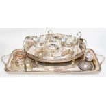 A large silver plated, rectangular tray together with a similar oval gallery tray,