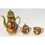 A Royal Worcester miniature coffee set, fruit painted, each piece signed by artist Roberts,