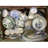 Oriental blue and white together with Staffordshire blue and white wares including Copeland (1 box)