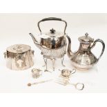 A collection of silver plated items, to include a tea kettle on stand with burner,