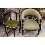 A Victorian mahogany corner chair, padded seat, raised on cabriole legs united by cross-stretchers,