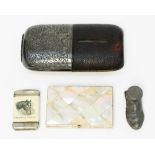 A collection of novelty items including shoe vesta case, Whitehead and Hoag vesta,