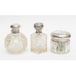 Silver topped hobnail cut dressing table perfume bottles with stoppers and another screw top jar