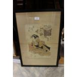 A Japanese woodblock print, coloured, kneeling woman with busy town scene to upper right, signed ,