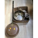 A silver plated three piece tea service together with other plated wares and a copper warming pan