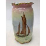 A Royal Doulton vase, hand painted boating scene, imprinted to base 105.5 H.