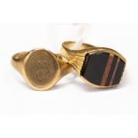 Two 9ct gold signet rings, one set with black onyx and gold stone,