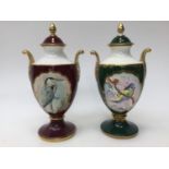 Two Caverswall lidded campana urns, hand painted by W.R.