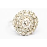 A diamond three tier round halo cluster ring,