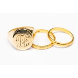 Two 22ct gold wedding bands, sizes O1/2 and Q, approx 7gms and a yellow metal signet ring,