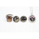Blue John, silver encased pendant and chain, ring and pair of earrings (ring size N) (pierced,