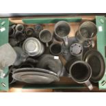 Quantity of pewter wares including mugs, measures, tea pot, jug, mugs, salts, plates, inkwell etc,