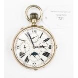 A late 19th or early 20th Century nickel cased calendar moonphase Goliath top wind pocket watch,