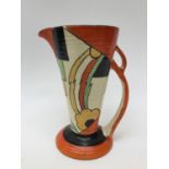 An Art Deco hand painted conical jug, in the manner of Clarice Cliff,