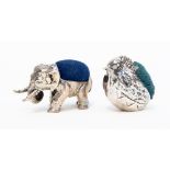 A chicken silver pin cushion, indistinct hallmark, with an Elephant pin cushion,