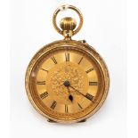 A 18ct gold ladies hunter, heavily engraved foliate design, gold tone dial, Roman numerals,