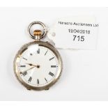 Silver pocket watch, Roman numerals to dial,