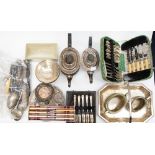 A collection of plate including cake plate, cigarette box, teaset, cake knives and forks,