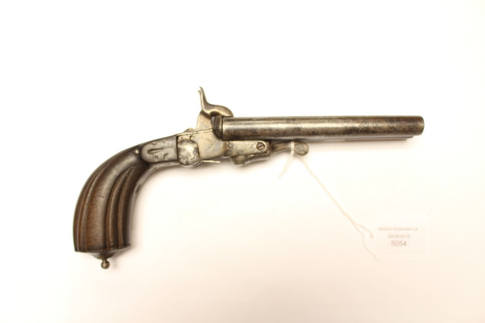 A Double barrel percussion cap pistol. 11mm bore. 14cm barrels. Action a/f. One trigger missing.