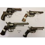 A collection of four pinfire pistols: Two Belgian made with folding triggers and 3.5 inch barrels.