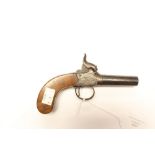 A Percussion cap pocket pistol. Approx 10mm bore with 6cm long barrel. Action a/f.