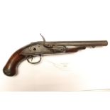 A Flintlock pistol. Marked "GR". Missing hammer and ram rod. 8.5 inch barrel. Approx 17mm bore.