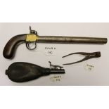 A 19th Century percussion pistol with brass frame and steel 9.5 inch barrel.