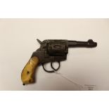 A 19th Century 7mm revolver, 8cm long barrel. American made. Cylinder a/f. Horn grips.