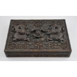 A Circa 1900 Kashmirian carved padouk wood box having Chinese carvings of twin 5 clawed dragons with