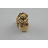 A Japanese Meiji period carved ivory netsuke of Karashishi, the lion dog seated upon a ball,