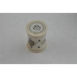 A turned, carved and stained ivory dice shaker/case and dice, 19th century. the case/shaker of