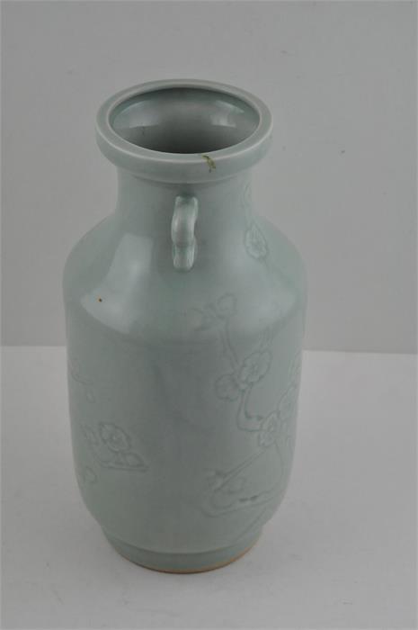 A Chinese celadon vase, republic period, having twin handles with impressed prunus blossom - Image 4 of 6