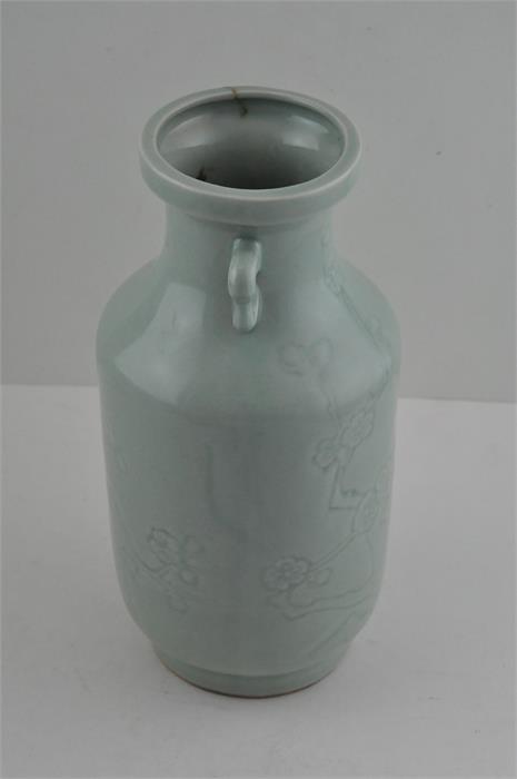 A Chinese celadon vase, republic period, having twin handles with impressed prunus blossom - Image 2 of 6