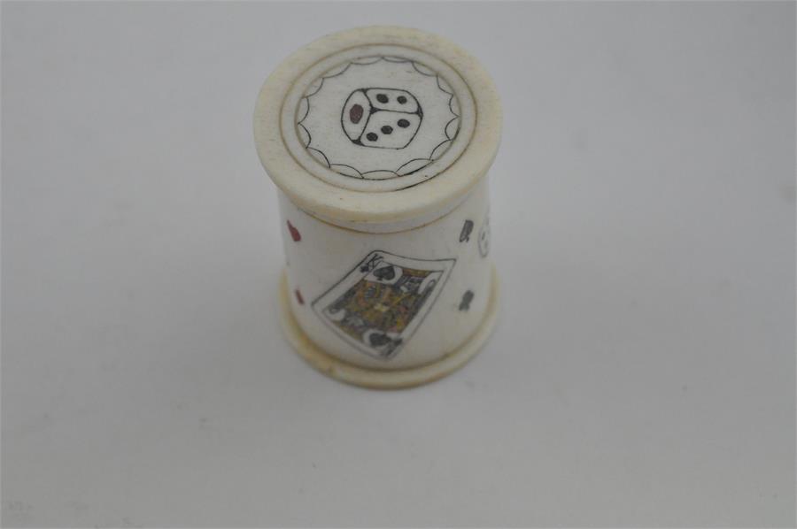 A turned, carved and stained ivory dice shaker/case and dice, 19th century. the case/shaker of - Image 4 of 7